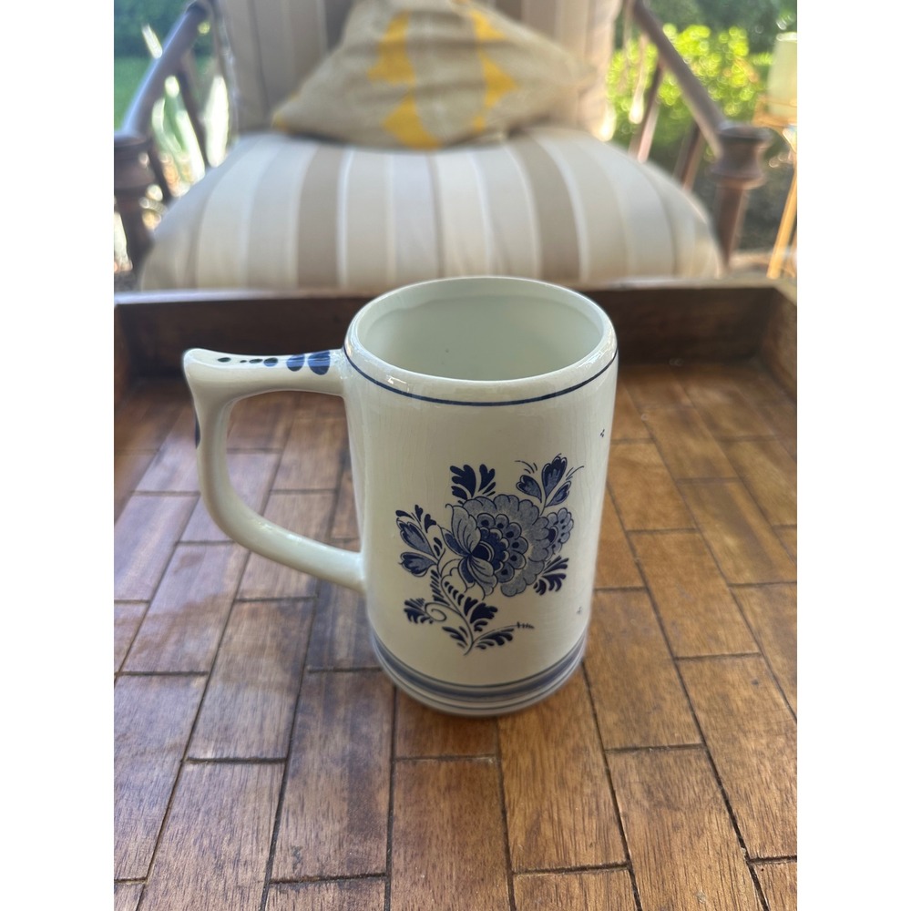 Delfts Holland Hand Painted Blue White Sailing Ship Plymouth MA Ceramic Mug VGUC - Picture 2 of 8
